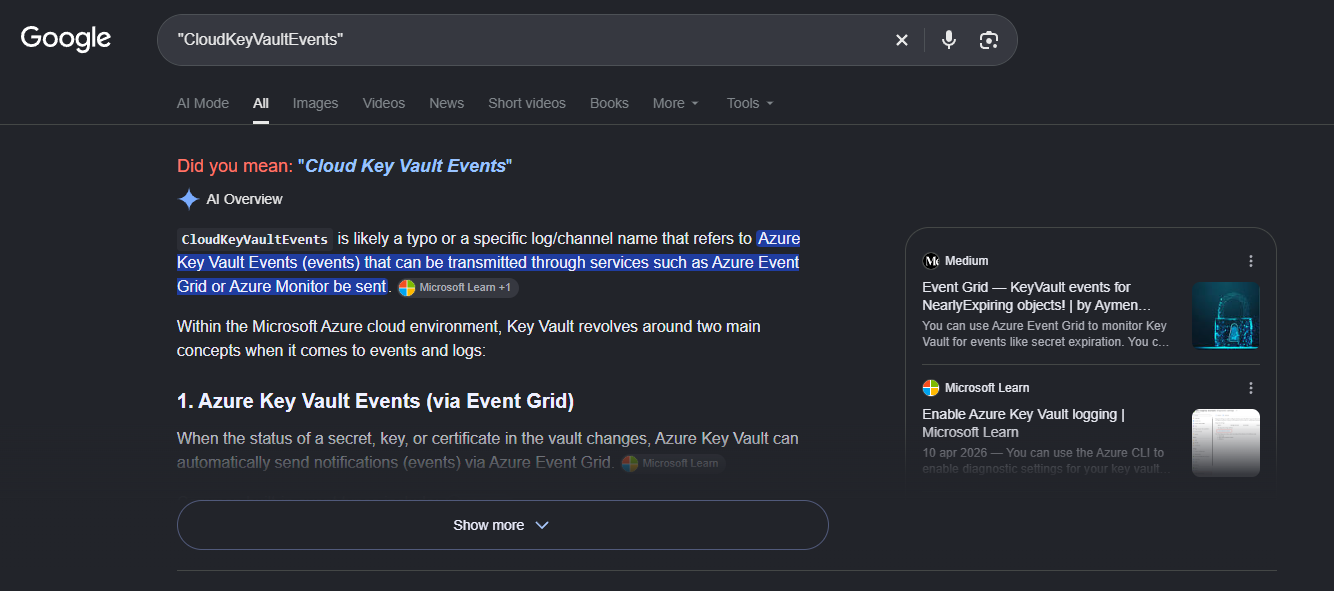 Google search results for CloudKeyVaultEvents showing limited public documentation /images/CloudKeyVaultEvents/Google.png